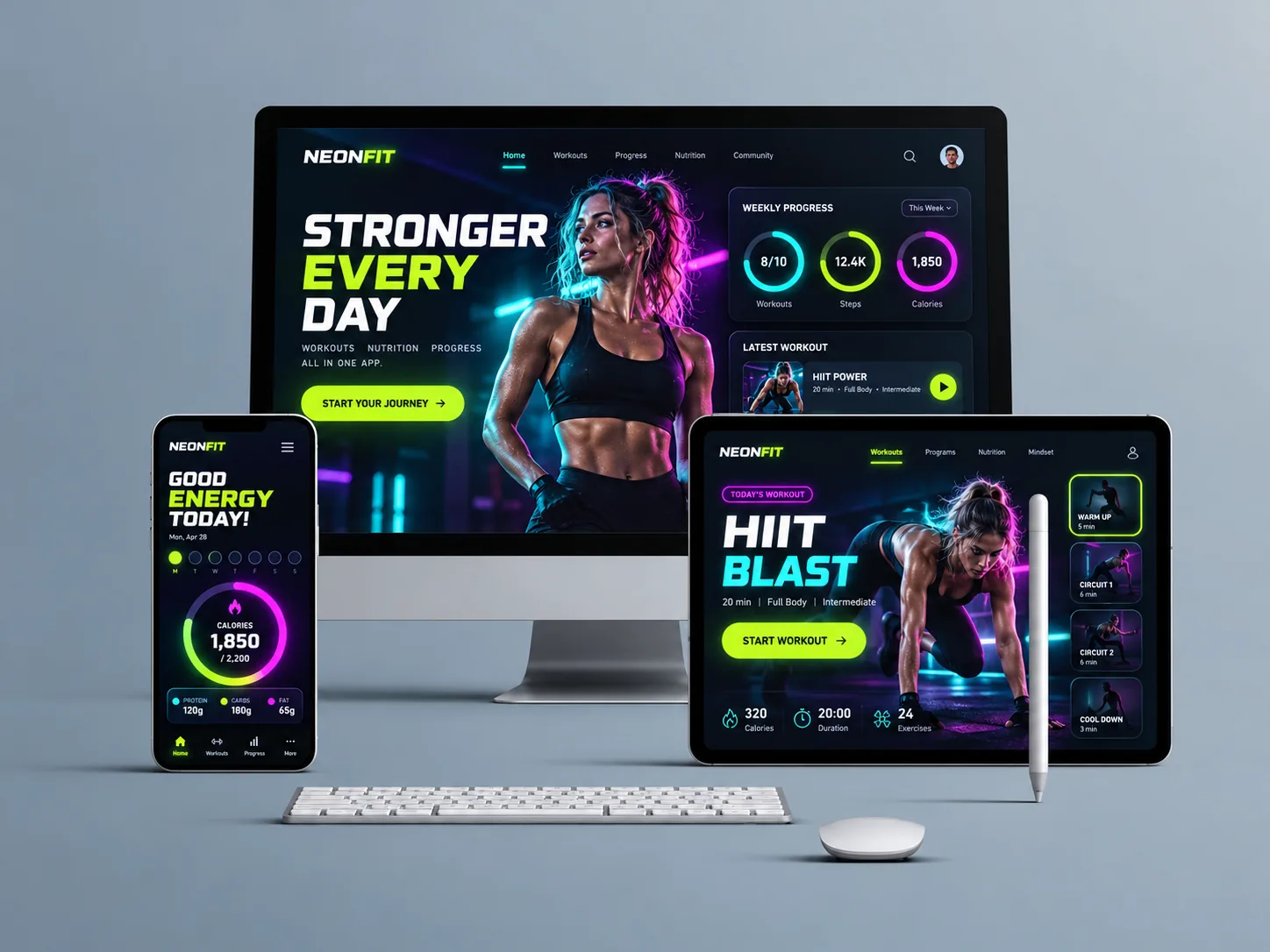 NeonFit — fitness application concept across three devices